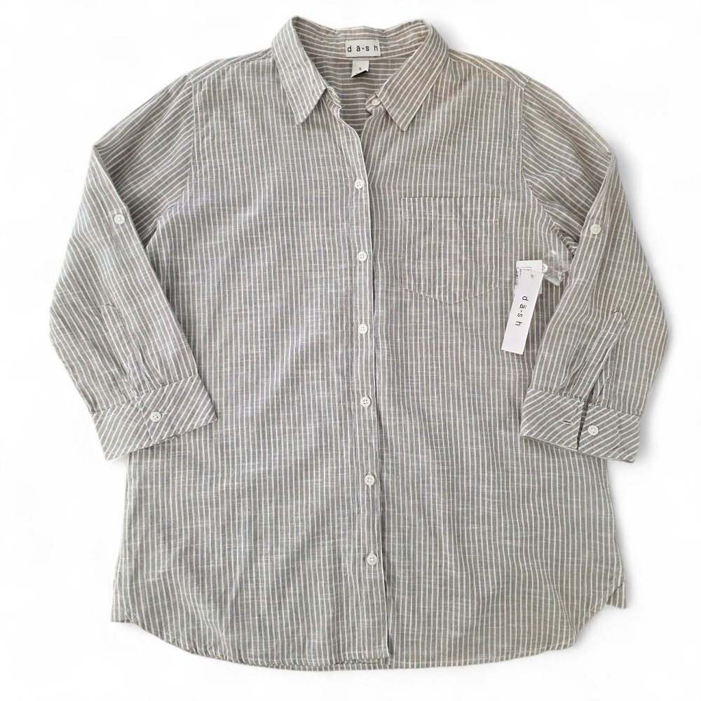Dash NWT Taupe Striped Cotton 3/4 Sleeve Roll Tab Button Front Shirt Women S